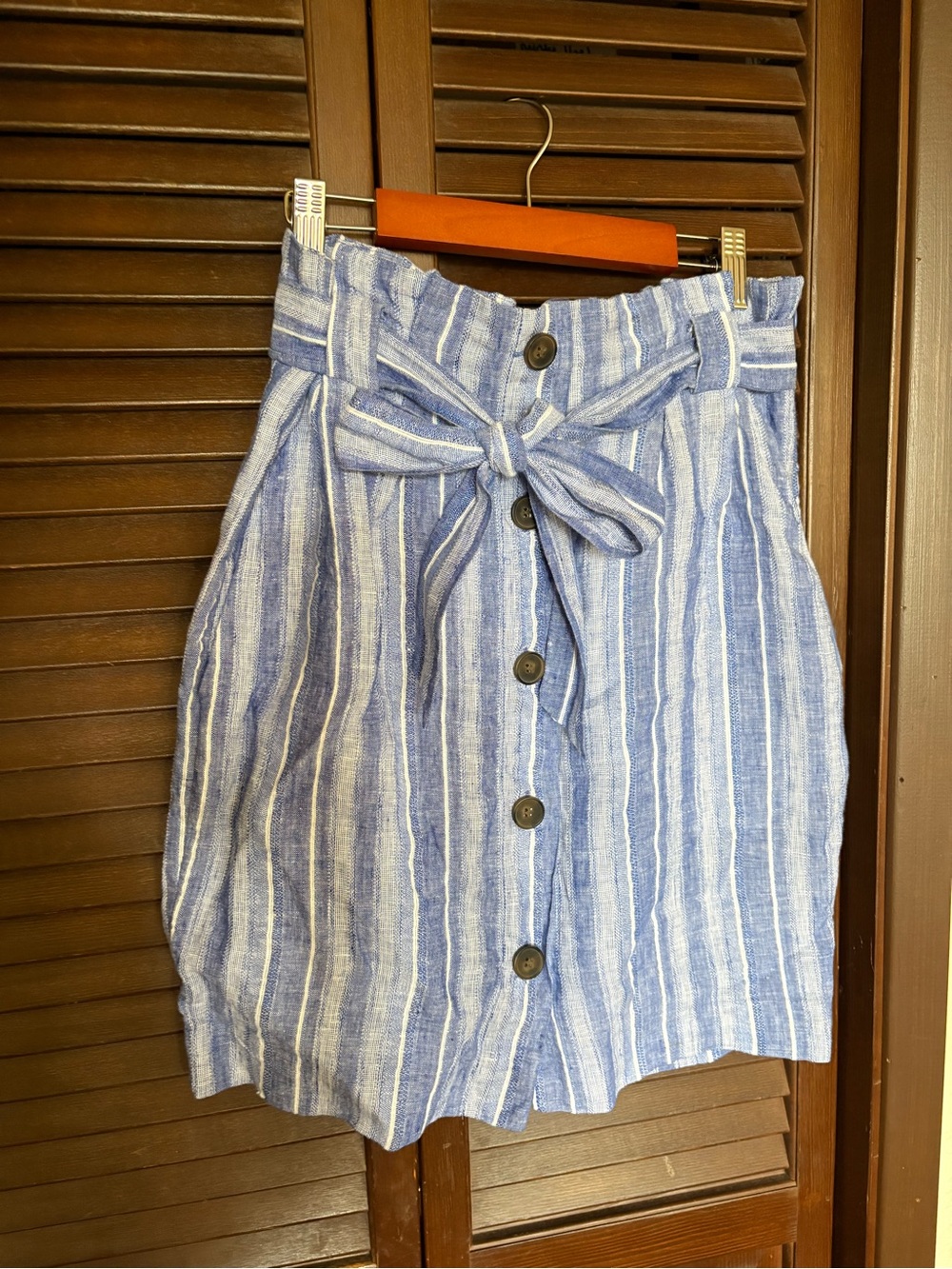 Blue Striped Button-Front Paperbag Waist Linen Skirt with Tie Belt